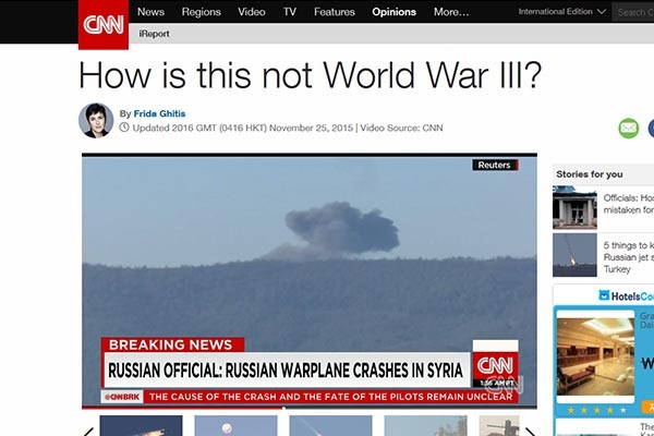 美CNN은 시리아를 둘러싼 러시아와 터키 간의 갈등이 제3차 세계대전을 일으킬 것이라고 봤다. ⓒ美CNN 관련보도 화면캡쳐