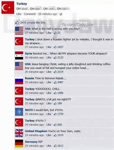 ▲ 현재 트위터 등 SNS에 돌고 있는 패러디 가운데 터키와 미국, NATO, 러시아, 영국, 독일의 가상대화를 소재로 한 것. ⓒ트위터-英데일리 메일 화면캡쳐