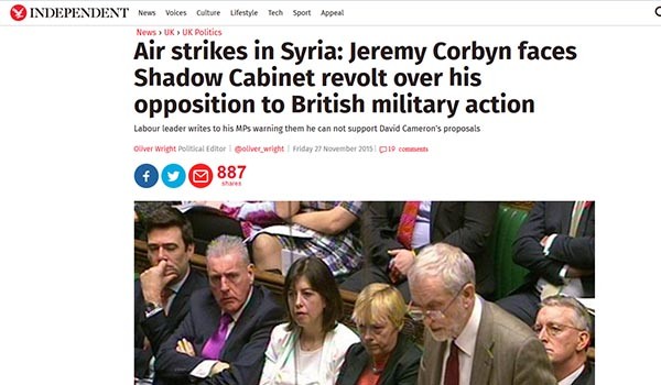 ▲ 제레미 코빈 英노동당 당수가 대쉬(ISIS) 공습에 반대하고 나서 논란을 일으키고 있다. ⓒ英인디펜던트 관련보도 화면캡쳐