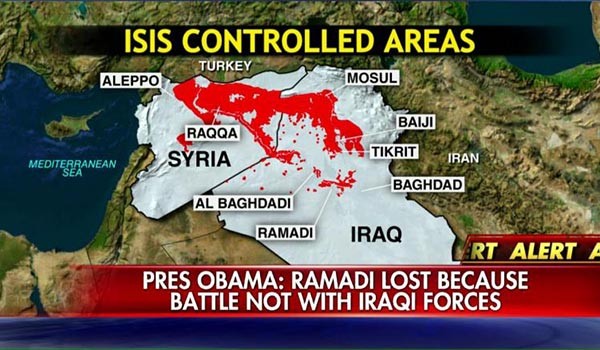 ▲ 美공화당은 지난해부터 오바마 정부가 대쉬(ISIS) 격퇴를 위해 이라크와 시리아에 지상군을 파병해야 한다는 주장을 펼쳐왔다. 사진은 美폭스뉴스가 존 맥케인 의원과의 전화 인터뷰에 사용했던 대쉬(ISIS) 점령지역 지도. ⓒ美폭스뉴스 관련보도 화면캡쳐
