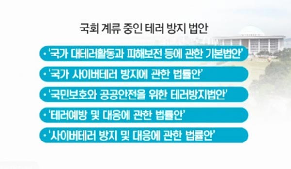 ▲ 현재 국회에서 심의 또는 계류 중인 테러방지 관련법안들. 정치 쟁점 때문에 10년 넘게 잠자던 법안들의 재탕이다. ⓒYTN 관련보도 화면캡쳐.