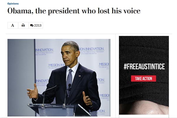 ▲ 美워싱턴 포스트는 지난 1일(현지시간) 오바마 대통령의 중동 정책을 맹비난하는 칼럼을 실었다. ⓒ워싱턴 포스트 해당 칼럼 화면캡쳐