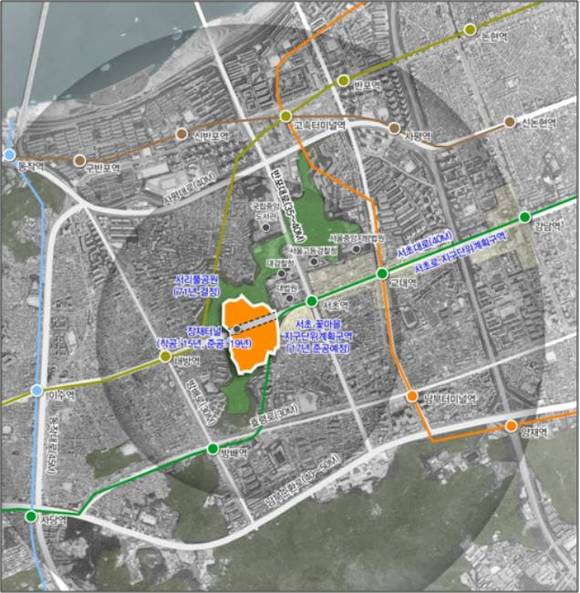 ▲ 서초구 서초동 1005-6번지 일대 국군정보사령부(정보사) 부지가 복합문화단지로 개발된다. 사진은 서초동 정보사 부지 위치도.ⓒ서울시