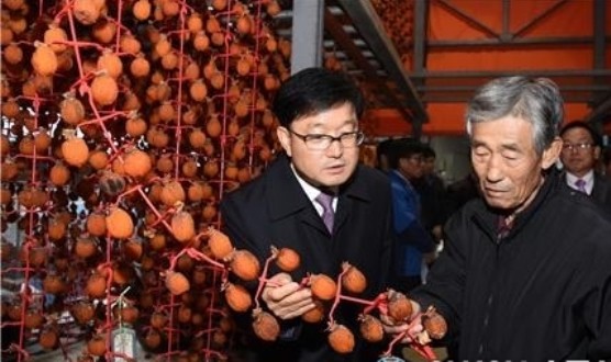 ▲ 신원섭 산림청장(왼쪽)이 보은군 곶감 생산농가를 방문, 피해를 입은 곶감을 살펴보고 있다.ⓒ뉴데일리