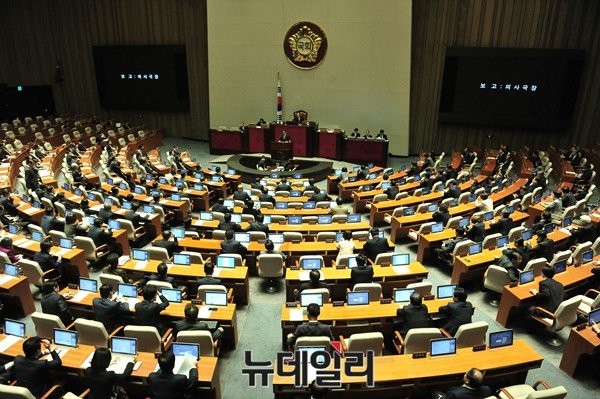 ▲ 2일 예산안 처리와 관련한 국회 본회의장 모습.ⓒ뉴데일리 이종현 기자