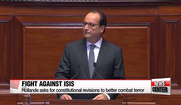 ▲ 지난 11월 13일 파리 연쇄 테러 이후 '대쉬(ISIS)'와의 전쟁을 선포하는 프랑수아 올랑드 대통령. ⓒ아리랑TV 보도화면 캡쳐