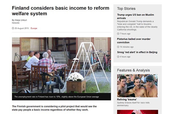 ▲ 모든 국민에게 '월급'을 주는 '기본소득제'는 이미 몇 년 전부터 논란이 되었던 소재다. 사진은 2015년 8월 英공영 BBC 방송의 핀란드 기본소득제 관련 보도. ⓒ英BBC 보도화면 캡쳐
