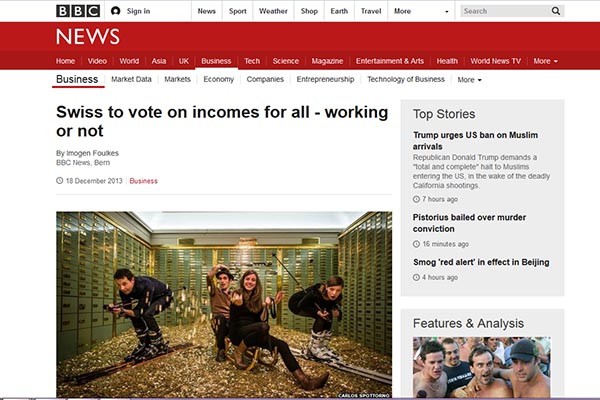 ▲ '기본소득제' 논란은  스위스 좌우 진영의 반대 속에서도 몇 년째 끌어오고 있다. 사진은 2013년 12월 英공영 BBC 방송의 스위스 기본소득제 관련 보도. ⓒ英BBC 보도화면 캡쳐