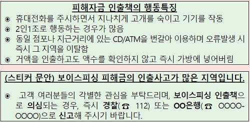 ▲ 보이스피싱 피해자금 인출 시 행동특징 및 집중 감시지역 주의 스티커 예시