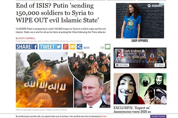 ▲ 지난 12월 3일 英익스프레스가 러시아의 지상군 파병 이야기를 다시 끄집어 내며 눈길을 끌었다. ⓒ英익스프레스 해당보도 화면캡쳐