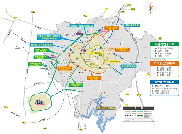 ▲ 청주시의 광역도로망. 청주시는 내년에 32건의 도로개설 사업을 추진할 방침이다.  ⓒ뉴데일리