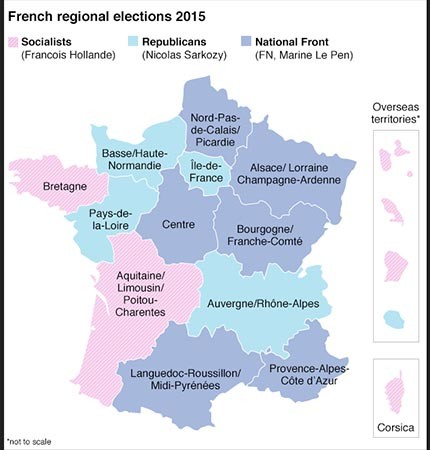 ▲ 지난 6일(현지시간) 치른 프랑스 지방선거 1차 투표 결과. '국민전선'의 약진은 큰 파장을 일으켰다. ⓒ英공영방송 BBC 집계 결과 캡쳐