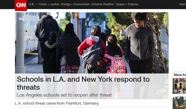▲ 美CNN 국내판. 유사한 테러협박 메일에 LA와 뉴욕의 대응이 전혀 다른 점은 미국 내에서도 화제가 되고 있다. ⓒ美CNN 북미판 홈페이지 캡쳐