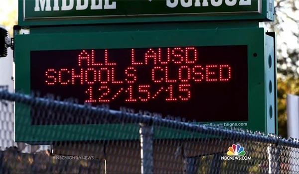 ▲ 지난 15일(현지시간) 美LA와 뉴욕에 "지역 내 학교에서 폭탄테러를 가할 것"이라는 협박 메일이 날아들었다. 이 협박 메일로 LA의 모든 공립학교에는 휴교령이 내려졌다. ⓒ美NBC뉴스 당시 보도화면 캡쳐