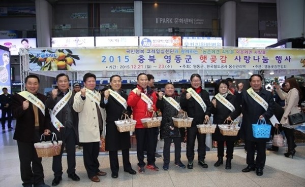 ▲ 지난 17∼23일까지 영동군이 부산역·서울 용산역의 철도 맞이방과 영동읍 전통시장에서 릴레이 곶감 판매행사를 벌여 모두 4억7300만원 어치의 곶감을 팔았다. 사진은 지난 21∼23일까지 서울 용산역에서 펼쳐진 영동곶감 판촉행사 장면.  ⓒ뉴데일리