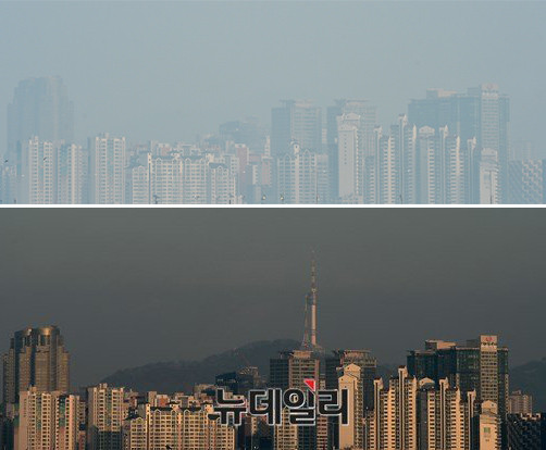 ▲ 24일 오후 여의도 국회에서 남산 방향으로 바라본 전경(위), 23일 오후 같은 장소에서 바라본 전경(아래) ⓒ뉴데일리 정상윤 기자