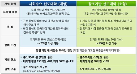 ▲ '산업연계 교육활성화 선도대학 사업(PRIME)' 유형별 주요 내용. /자료=교육부