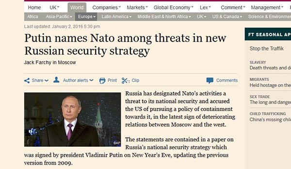 ▲ 지난 2일(현지시간) 파이낸셜 타임스 등 영국 언론들은 푸틴이 미국과 NATO를 새로운 안보위협요소로 지목했다고 일제히 보도했다. ⓒ2일 파이낸셜타임스 보도화면 캡쳐