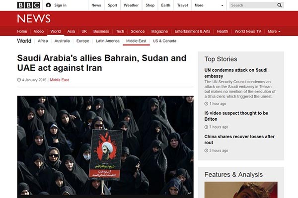 ▲ 세계 언론들은 5일(현지시간) 사우디에 이어 바레인, 수단도 이란과의 국교를 '단교'했다는 소식을 주요 뉴스로 전했다. ⓒ英BBC 관련보도 화면캡쳐