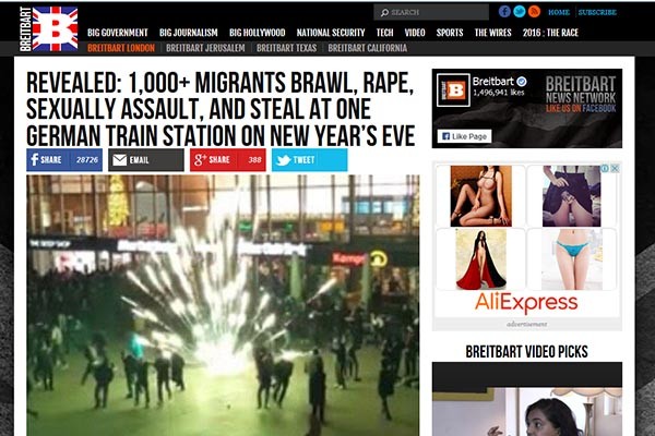 ▲ 미국과 EU 주요언론들은 신년 전날 독일에서 일어난, '난민'으로 추정되는 남성들의 성폭행 범죄를 주요 기사로 다루고 있다. ⓒ브라이트바트 런던 보도화면 캡쳐