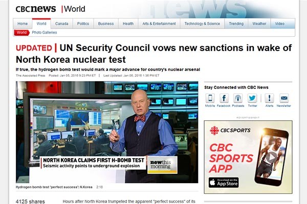 ▲ 북한의 4차 핵실험과 유엔 안보리의 대응은 세계 각국의 주요 뉴스로 다뤄졌다. ⓒ캐나다 CBC 방송 보도화면 캡쳐