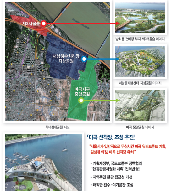 ▲ 새누리당 김성태 의원의 공약 중 '서남권 최대 도시생태공원: 마곡중앙공원-서남물센터 지상공원, 제2서울숲' 부분.ⓒ김성태 의원실