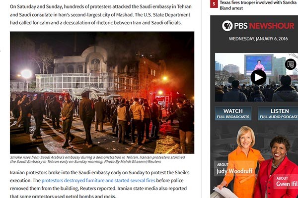 ▲ 지난 3일 이란 테헤란 주재 사우디아라비아 대사관 습격 및 방화 소식은 미국 등 서구 진영에서도 비중있게 보도했다. 과거 이란에서의 경험 때문이다. ⓒ美공영 PBS 보도화면 캡쳐