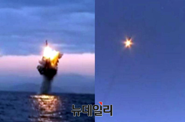 ▲ 지난 8일 북한이 공개한 SLBM 발상영상 중 수중 사출 모습과 비행모습은 각각 다른 것으로 분석됐다.ⓒ유튜브 동영상 캡쳐