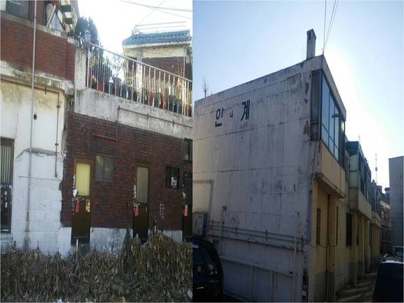 ▲ 팔달 8구역에는 쪽방, 지하방과 함께 낡은 다가구주택이 많았다. 사진은 쪽방(왼쪽)과 다가구주택 모습.ⓒ뉴데일리경제