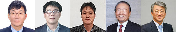 ▲ (왼쪽부터)임광기 SBS보도본부 논설위원, 김원양 일요신문 편집국장 이사, 박세진 연합뉴스 경제부장, 임성기 한미약품 회장, 양창훈 현대아이파크몰 사장 겸 HDC신라면세점 대표.