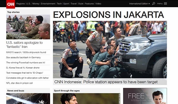 ▲ 14일 오전, 인도네시아 자카르타에서 폭탄테러가 발생했다. 테러용의자들은 지금도 경찰과 총격전 중인 것으로 알려졌다. ⓒ美CNN 속보화면 캡쳐