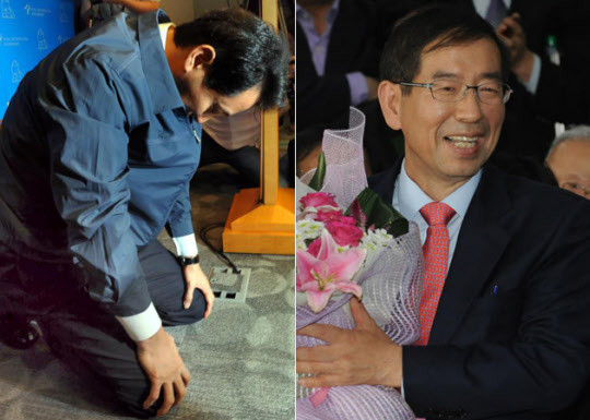 ▲ (사진 왼쪽) 오세훈 서울시장이 2011년 8월 21일 오전 서울시청에서 무상급식 주민투표 결과에 따른 시장직 진퇴 여부 연계 방침을 밝히는 긴급 기자회견을 하던 중 무릎꿇고 있다. (사진 오른쪽) 박원순 서울시장 당선자가 2011년 10월 26일 서울 종로구 안국동 캠프사무실에서 당선을 확정지으며 지지자들이 준 꽃다발을 받고 웃고 있다. ⓒ조선일보