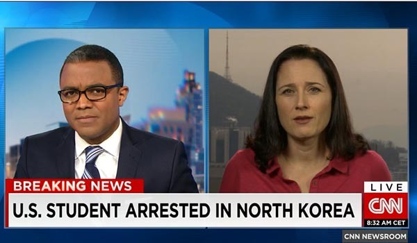▲ 북한이 지난 22일 "미국인 대학생 1명을 '반공화국 적대행위' 혐의로 구금 중"이라고 밝히자 전 세계 언론들이 주목하고 있다. 올해 들어서만 2번째 미국인 억류이기 때문이다. ⓒ美CNN 속보 화면캡쳐