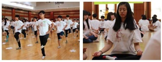 ▲ 주 1회 오프라인 수업:체험적 인성교육과 뇌교육이 이뤄진다. 몸과 뇌를 깨우는 뇌체조와 명상(사진제공: 벤자민인성영재학교)