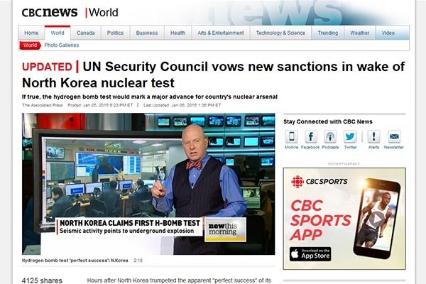 ▲ 사진은 북한 4차 핵실험 이후 유엔 안보리의 대북제재 움직임을 전하는 캐나다 CBC 방송 뉴스. 지난 6일 북한의 4차 핵실험 이후 국제사회는 추가 대북제재를 논의하고 있다. 북한은 이 같은 국제사회의 움직임을 비웃으며 "해볼테면 해보라"는 주장을 펴기 시작했다. ⓒ캐나다 CBC 화면캡쳐