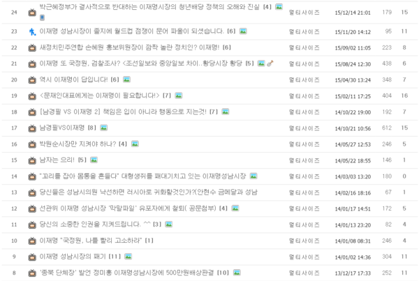 ▲ 인터넷 커뮤니티 '오늘의 유머'에서 활동하는 아이디 '멀티사이즈'는 거의 대부분의 계정에서 이재명 성남시장을 언급하고 있다. ⓒ오늘의 유머 화면 캡처
