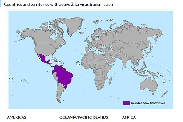 ▲ 美질병통제센터(CDC)가 파악한, 전 세계 '지카 바이러스' 감염 지역. 20여 개 나라가 넘는다. ⓒ美CDC 홈페이지 캡쳐