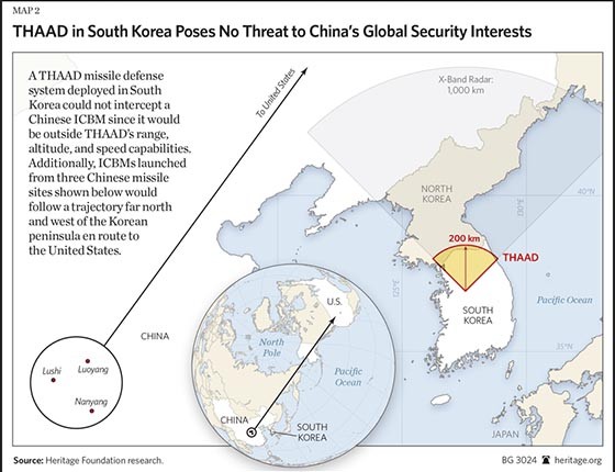 ▲ 한국에 '사드(THAAD)' 미사일을 배치할 경우 탐지 범위. '사드' 미사일은 중국 견제용이 아니라 북한 도발 대응용임을 보여준다. ⓒ美헤리티지 재단 홈페이지 캡쳐