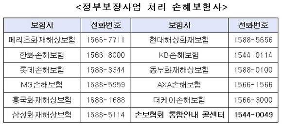 ▲ 정부보장사업 업무 위탁 수행하는 11개 손해보험사 콜센터 현황 ⓒ 손해보험협회