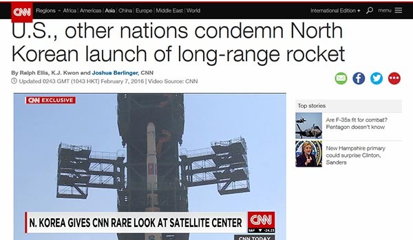 ▲ 7일 북한의 장거리 미사일 발사 이후 美CNN은 "핵탄두 장착이 가능하다"는 미국 정부 관계자의 이야기를 전했다. ⓒ美CNN 관련속보 화면캡쳐
