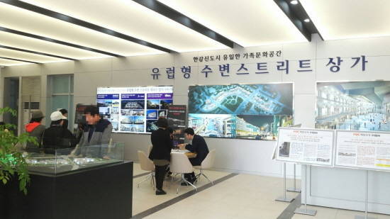 ▲ 장기 투자가 가능한 수요자들은 신도시 상가를 주목할 만하다. 사진은 지난해 김포 한강신도시에 분양된 '라베니체 마치 에비뉴' 상가를 둘러보는 수요자들.ⓒ뉴데일리경제