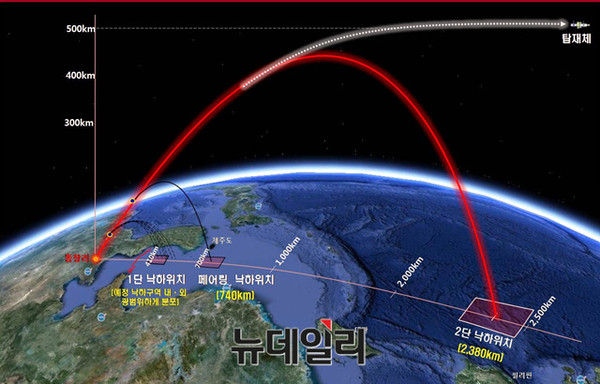 ▲ 북한 장거리 로켓 '광명성-4'의 추적된 궤도.ⓒ국방부