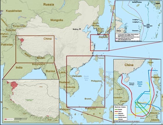 ▲ 중공과 국경 접경국 간의 분쟁 상황. 중공은 건국 이래 주변국가와 친하게 지낸 경험이 없다. ⓒ애틀랜틱 커뮤니티 ORG 화면캡쳐