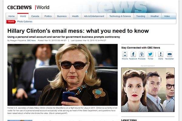 ▲ 2015년 3월 '메일-벵가지 게이트' 당시 힐러리 클린턴의 모습을 담은 북미 언론. 여전히 문제는 해결되지 않았다. ⓒ캐나다 CBC 방송 보도화면 캡쳐