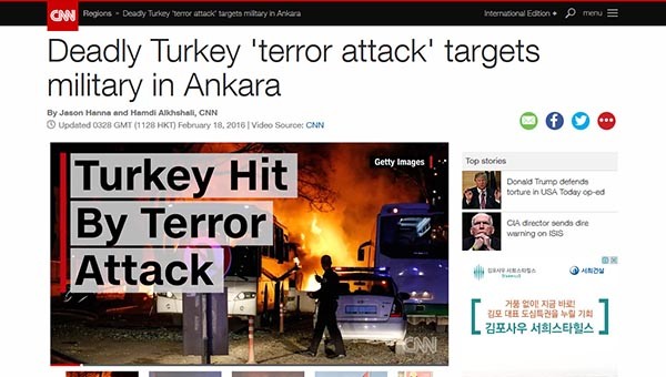 ▲ 지난 17일 오후 6시 20분 터키 앙카라의 국회의사당 옆 공군사령부 앞에서 발생한 차량폭탄테러로 90여 명의 사상자가 발생했다. ⓒ美CNN 속보화면 캡쳐