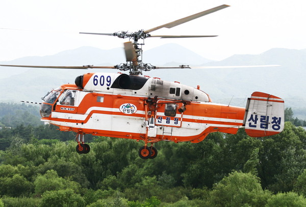 ▲ 중부지방산림청이 헬기로 소나무 재선충병 예찰을 하고 있는 모습ⓒ중부지방산림청