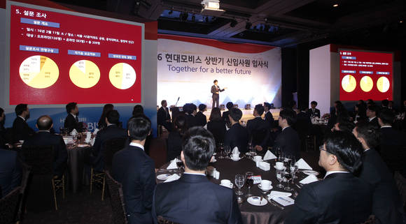 ▲ 현대모비스 '2016 상반기 신입사원 입사식'에서 연수기간 동안 수행한 자동차 산업 '탐구생활' 결과를 발표하고 있다.ⓒ현대모비스