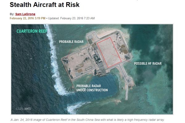 美씽크탱크 CSIS가 공개한, 中인민해방군의 남중국해 인공섬 레이더 기지 건설 사진. 美해군연구소는 이것이 미군의 스텔스 전투기 활동이 악영향을 줄 수 있다고 우려했다. ⓒ美해군연구소 홈페이지 캡쳐