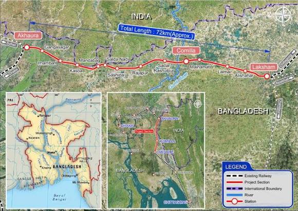 ▲ 방글라데시 악하우~락삼간 단선철도 복선화 사업 위치도.ⓒ한국철도시설공단