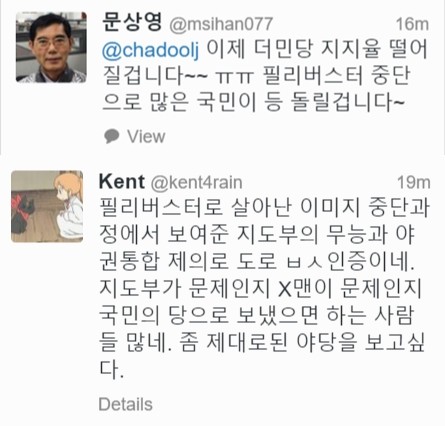 ▲ 야권 지지자 중 일각에서는 더불어민주당의 추가 지지율 하락을 우려하고 있다. ⓒ트위터 화면 캡처